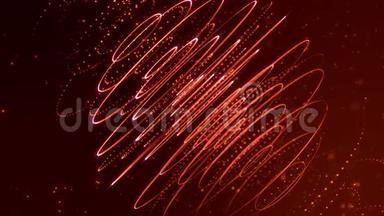 4k循环科幻红背景与波克和光效应。 发光的红色粒子形成线，表面，线
